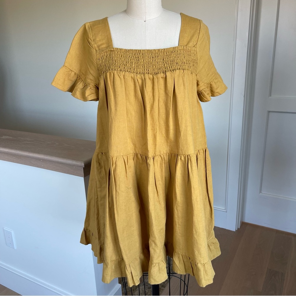 Free People Mustard Yellow Ruffle Trim Linen/Cotton Mini Dress w/pockets size XS